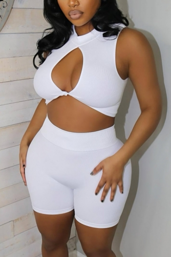 S-2XL summer new plus size two colors solid color stretch hollow crop vest with shorts sexy skinny shorts sets