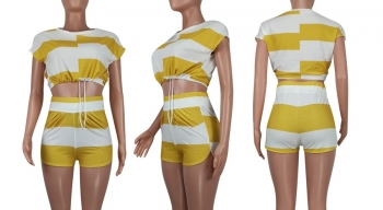 S-2XL plus size summer new stylish stretch stripe printing drawstring crew neck casual shorts sets