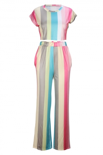 S-2XL plus size summer new stretch stripe printing short sleeves pocket stylish pants sets