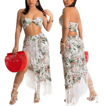S-2XL summer new plus size batch printing inelastic chiffon tube top with tassel irregular skirt sexy skirts sets