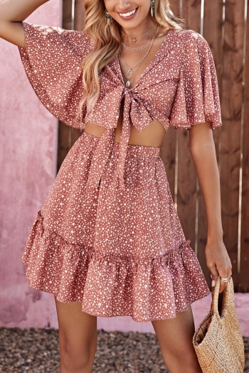 XS-L summer new inelastic polka dot printing v-neck lace-up stylish skirt sets