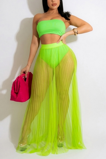 summer new stylish 6 colors stretch solid color tube design see through mesh spliced sexy skirt sets(with panties)