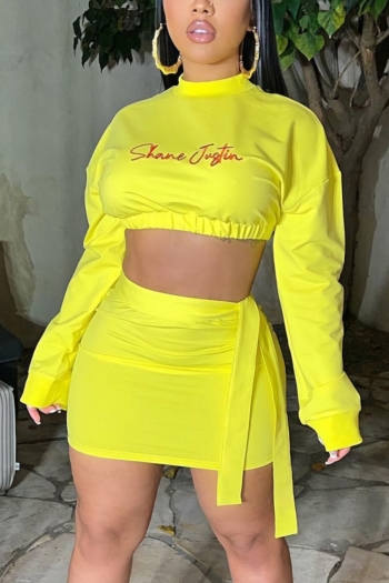 s-2xl spring plus size two colors letter embroidered stretch long-sleeve crop top with mini skirt stylish skirt sets with belt