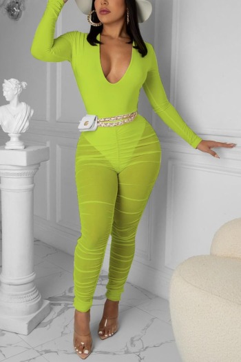 s-2xl plus size spring new stylish three colors solid color long sleeve v-neck stretch slim see-through mesh sexy pants sets