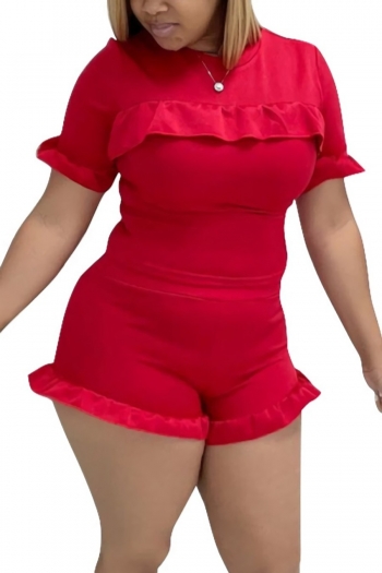 s-2xl plus size summer new 3 colors solid color stretch ruffle crew neck slim stylish shorts sets