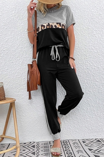 summer new micro elastic leopard printing contrast color spliced with tie-waist loose casual pants sets