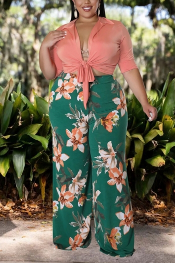 l-4xl summer new plus size two colors flower batch printing stretch elbow sleeves tied wide-leg floor length stylish pants sets