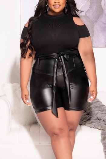 l-4xl plus size summer new solid color stretch pu leather hollow short sleeves with belt slim stylish shorts sets