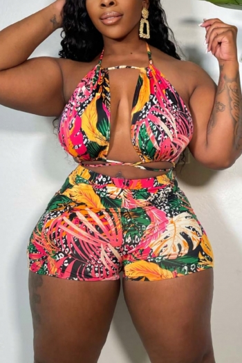 s-3xl plus size new 2 colors leaf & leopard batch printing stretch halter-neck hollow crossed sling lace up backless stylish sexy shorts set