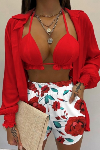s-3xl plus size new micro-elastic solid color long sleeve shirt & frill trim crop top with floral batch printing pocket design shorts three-piece sets