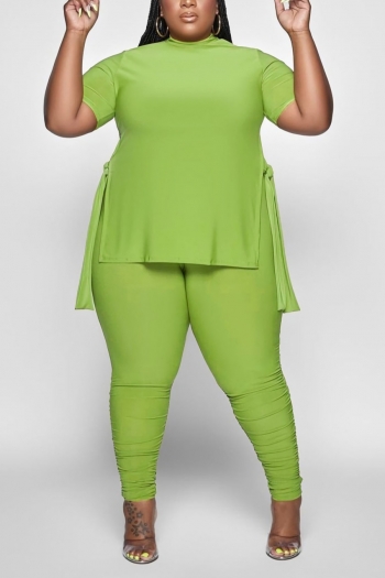 xl-5xl summer new plus size 5 colors solid color stretch side split tied top with tight ruched pants stylish pants sets