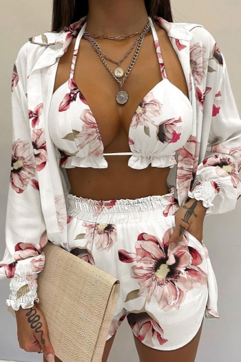 s-3xl plus size spring & summer new floral batch printing micro-elastic long sleeve shirt & frill trim crop top with pocket design shorts three-piece sets