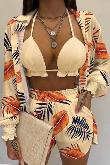 s-3xl plus size spring & summer new micro-elastic solid color frill trim crop top &  leaf batch printing long sleeve shirt with pocket design shorts three-piece set