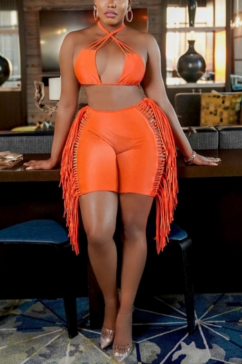 s-2xl plus size summer new stylish 5 colors solid color stretch tassel halter-neck lace-up cutout backless sexy shorts sets