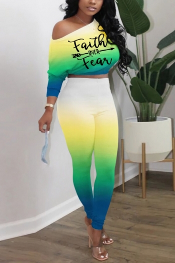 s-2xl plus size spring new 3 colors stretch letter fixed printing long sleeves gradient stylish pants sets