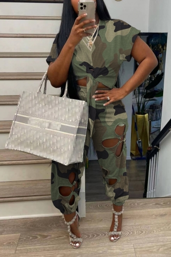 s-3xl summer new plus size 3 colors camo printing stretch hollow out tied pockets stylish pants sets
