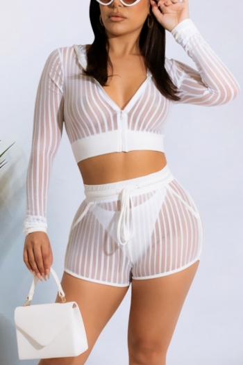 s-2xl plus size summer new stretch stripe printing see through mesh spliced zip-up hooded with tie-waist slim sexy shorts sets(without lining)