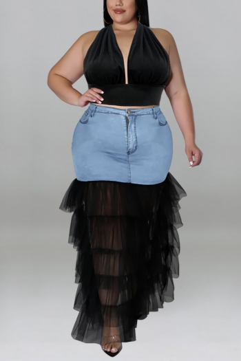xl-5xl summer new plus size three colors stretch halter-neck vest with mesh denim spliced pockets maxi skirt sexy skirt sets