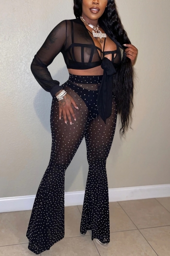 s-2xl summer new plus size three colors see through mesh patchwork rhinestone decor stretch v-neck long sleeves tied sexy pants sets with panties