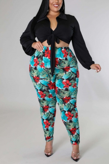 xl-5xl autumn new plus size high stretch long sleeves top with flower & leaf batch printing pants stylish pants sets