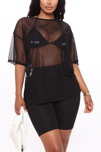 s-2xl summer new plus size see through mesh high stretch short sleeves top with tight shorts sexy shorts sets (without bra)