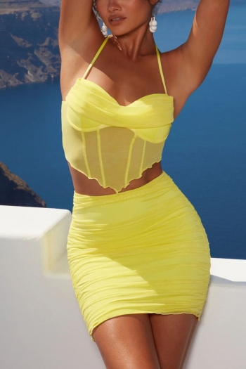 xs-l summer new 3 colors mesh solid color patchwork underwire padded strech halter-neck shirring stylish sexy skirt set