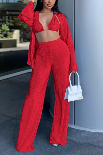 summer new stylish five colors solid color halter-neck lace-up sling high stretch lapel long sleeve jacket sexy pants three piece sets