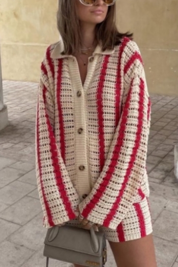 M-2XL plus size autumn new stylish four colors stripe printing lapel button long sleeve stretch casual shorts sets