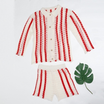 M-2XL plus size autumn new stylish four colors stripe printing lapel button long sleeve stretch casual shorts sets