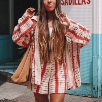 M-2XL plus size autumn new stylish four colors stripe printing lapel button long sleeve stretch casual shorts sets