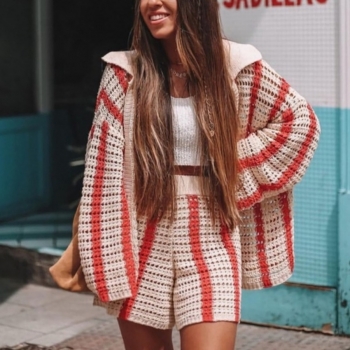 M-2XL plus size autumn new stylish four colors stripe printing lapel button long sleeve stretch casual shorts sets