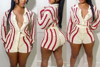 M-2XL plus size autumn new stylish four colors stripe printing lapel button long sleeve stretch casual shorts sets