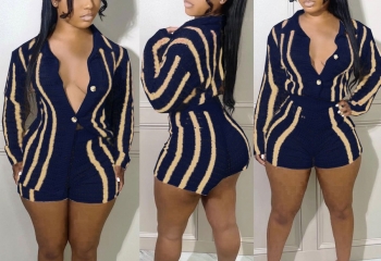 M-2XL plus size autumn new stylish four colors stripe printing lapel button long sleeve stretch casual shorts sets