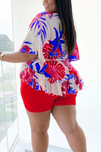 L-4XL plus size summer new 8 colors leaf printing patchwork stretch short sleeve deep-v-neck ruffle lace up slim stylish casual shorts set