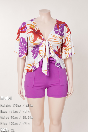 L-4XL plus size summer new 8 colors leaf printing patchwork stretch short sleeve deep-v-neck ruffle lace up slim stylish casual shorts set
