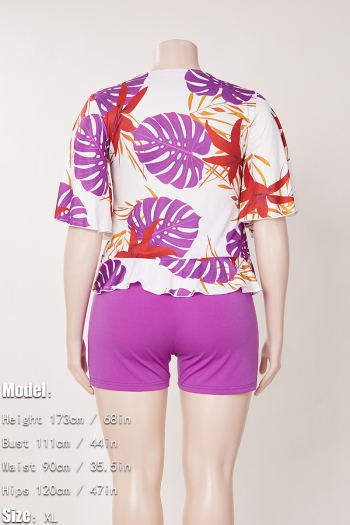 L-4XL plus size summer new 8 colors leaf printing patchwork stretch short sleeve deep-v-neck ruffle lace up slim stylish casual shorts set