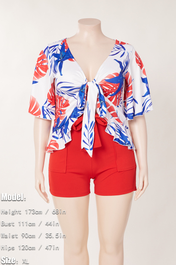 L-4XL plus size summer new 8 colors leaf printing patchwork stretch short sleeve deep-v-neck ruffle lace up slim stylish casual shorts set