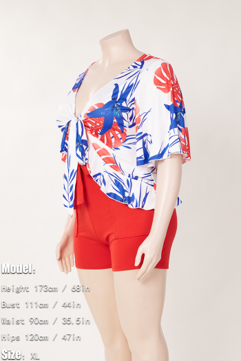 L-4XL plus size summer new 8 colors leaf printing patchwork stretch short sleeve deep-v-neck ruffle lace up slim stylish casual shorts set