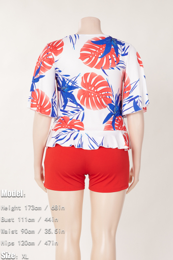 L-4XL plus size summer new 8 colors leaf printing patchwork stretch short sleeve deep-v-neck ruffle lace up slim stylish casual shorts set