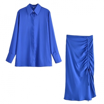 spring new solid color inelastic satin button long sleeves drawstring stylish skirt sets