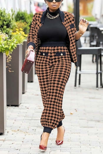 s-2xl plus size autumn new stylish houndstooth long sleeve stretch casual pants sets