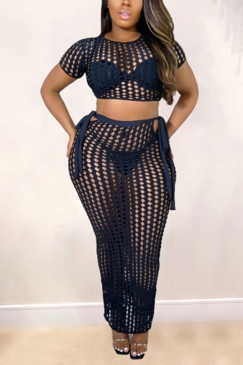 s-3xl plus size summer new solid color stretch fishnet hollow lace-up slim sexy skirt sets(without lining)