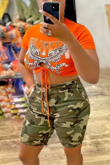 s-2xl summer new plus size two colors eagle & letter fixed printing stretch lace-up crop t-shirt with camo printing pockets shorts stylish shorts sets