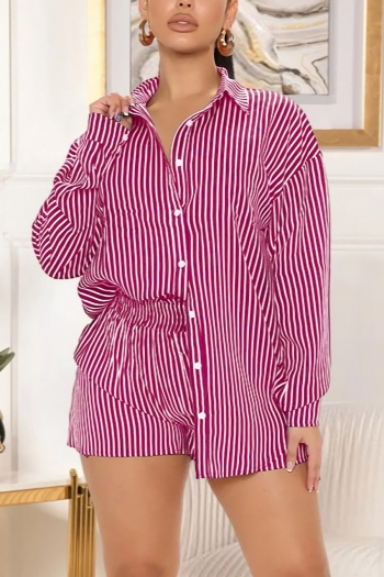 spring & summer new 2 colors stripe batch printing inelastic long sleeve single breasted pockets stylish casual shorts set
