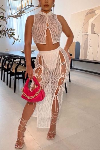 summer new stylish solid color single-breasted slight stretch fishnet lace-up hollow plus size sexy skirt sets(lined)