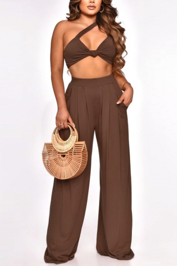 summer new stylish 3 colors solid color slight stretch pockets one shoulder plus size backless high waist wide leg pants sexy pants sets