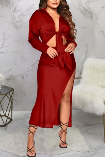 autumn new stylish 4 colors simple solid color high slit plus size lace-up slight stretch ribbed knit sexy skirt sets