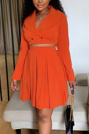 summer new 3 colors slight stretch solid color button suit collar long sleeves stylish skirt sets