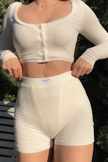 Autumn new 3 colors long sleeve thumb hole letter labels button tight stretch sexy high waist shorts set