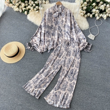 autumn new stylish two colors batch printing lace-up long sleeve inelastic high quality casual pants sets